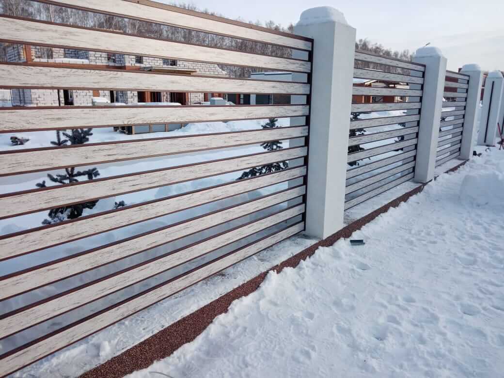 забор-ранчо из металлопланкена 130м каштан красный + беленый дуб фото1 в Рубежном